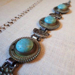 Vintage Silver Medallion and Blue Stone Bracelet